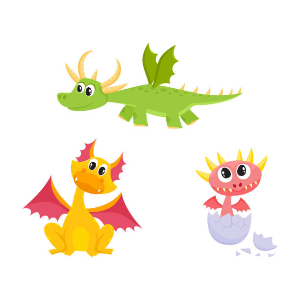 Vector Flat Cartoon Dragons With Horns Wings Set Stock Illustration -  Download Image Now - Dragon, Baby - Human Age, Cartoon - iStock