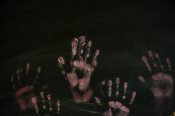 istock Palm hand print in chalk on blackboard 853293896