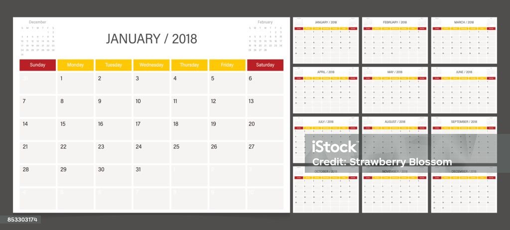 Calendar 2018 week start on Sunday. Calendar planner corporate design template. 2018 stock vector