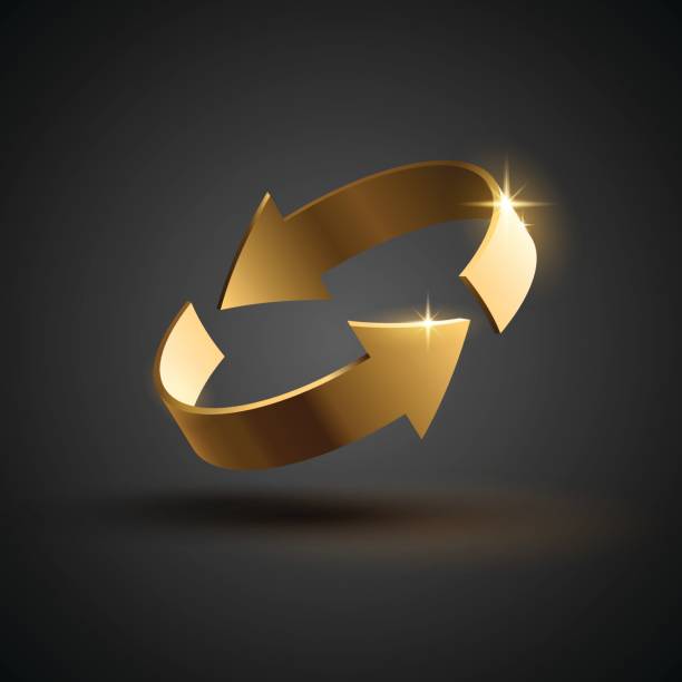 Gold rotation arrows Gold rotation arrows in vector gold metal icons stock illustrations
