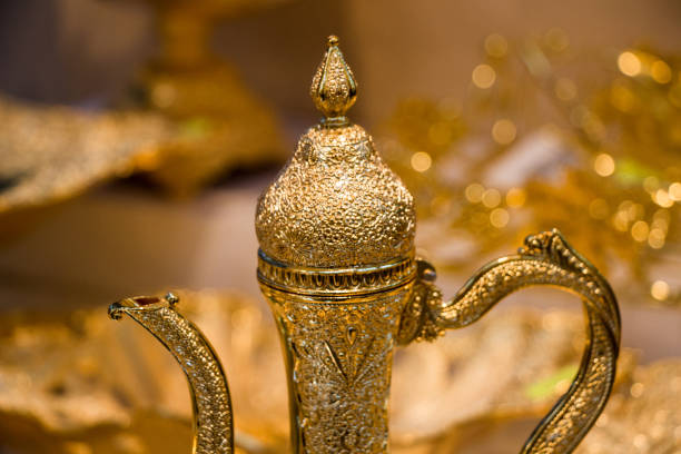 Ancient metal jug in oriental style  in antique market