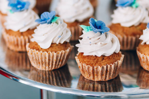 istock Cupcakes with whipped cream and frosting on a silver table in stainless steel 853313478