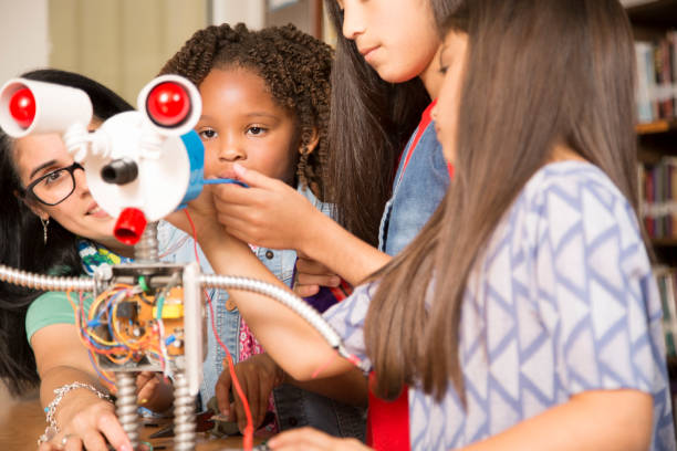 istock Elementary age school girls, teacher build robot in technology class. 853325262