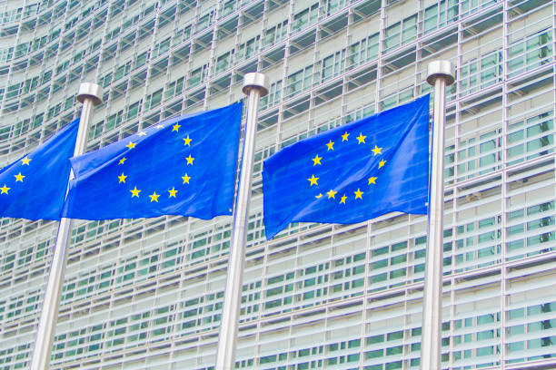 European Union flag at European Commission Headquarters The flags of the European Union at the European Commission's headquarter, the so-called Berlaymont Building in Brussels, Belgium. european court of human rights stock pictures, royalty-free photos & images