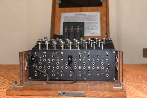 Parma, Italy - february 2016: The Enigma Cipher Coding Machine from World War II seen during Public Eposition in Public School in Parma