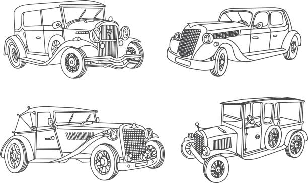 illustrazioni stock, clip art, cartoni animati e icone di tendenza di vintage old car doodles set - collectors car antiquities ancient past