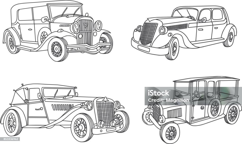 Vintage Old Car Doodles Set Vintage old cars. Retro cars 1915 - 1935. Doodles set. Vector illustration. 1920-1929 stock vector