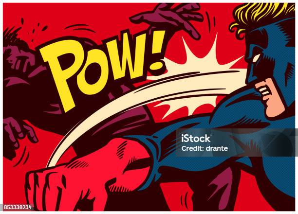 Pop Art Comics Style Superhero Fighting And Punching Super Villain Vector Illustration Stock Illustration - Download Image Now