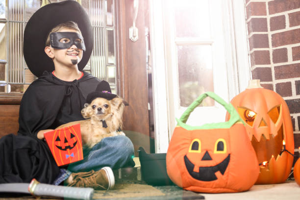 istock Little boy, pet dog at front door on Halloween. 853338298