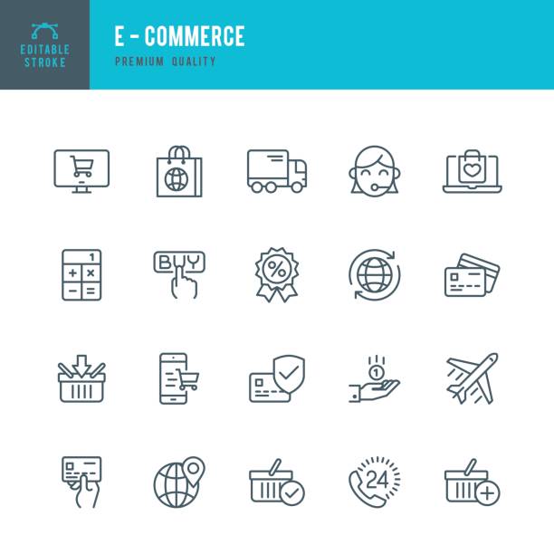 e - commerce - dünne linie-icon-set - computer icon airplane symbol transportation stock-grafiken, -clipart, -cartoons und -symbole