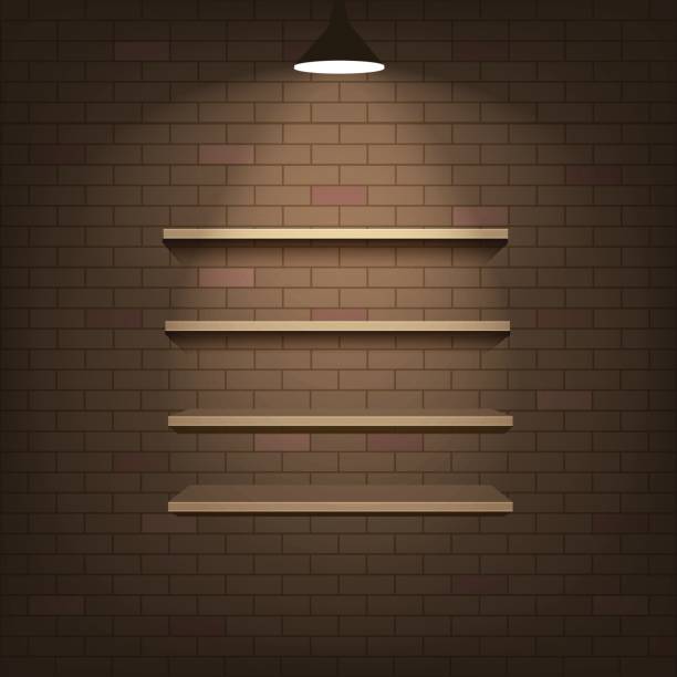 illustrations, cliparts, dessins animés et icônes de étagères en bois sur un mur de briques avec lampe lumineux avec lumière tamisée. illustration vectorielle - sale shelf bookshelf wood