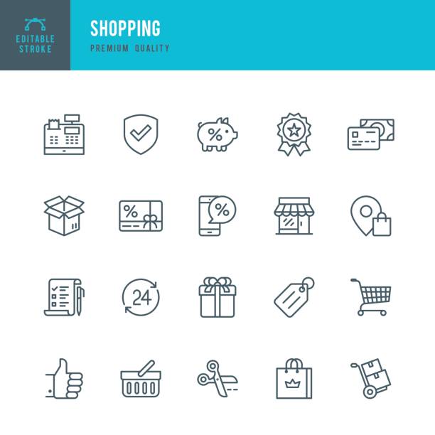 dünne linie shopping-symbol-set - discountladen stock-grafiken, -clipart, -cartoons und -symbole