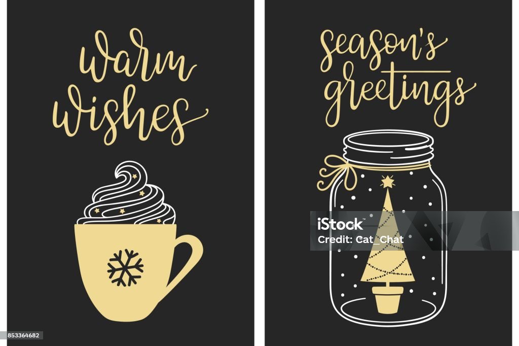 Calligraphic Christmas greetings Christmas cards with modern calligraphy writing. Warm wishes and Seasons greetings lettering with cream coffee cup and Christmas tree in jar Wishing stock vector