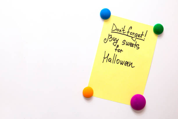 istock Fridge note with the text: Don't forget! Buy sweets for halloween 853365958
