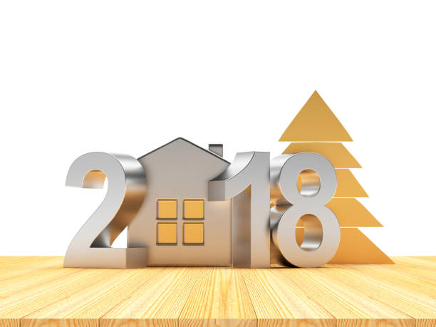 istock Silver 2018 with house icon and Christmas tree on wooden background. 853370428