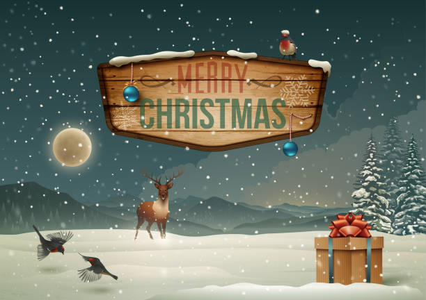 ilustrações, clipart, desenhos animados e ícones de cartão de natal - christmas winter retro revival landscape