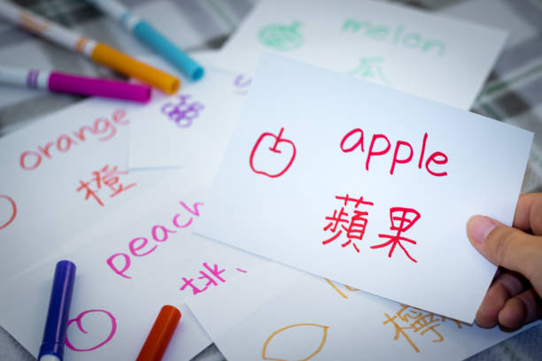 Mandarin; Learning New Language with Fruits Name Flash Cards Mandarin; Learning New Language with Fruits Name Flash Cards bilingual stock pictures, royalty-free photos & images