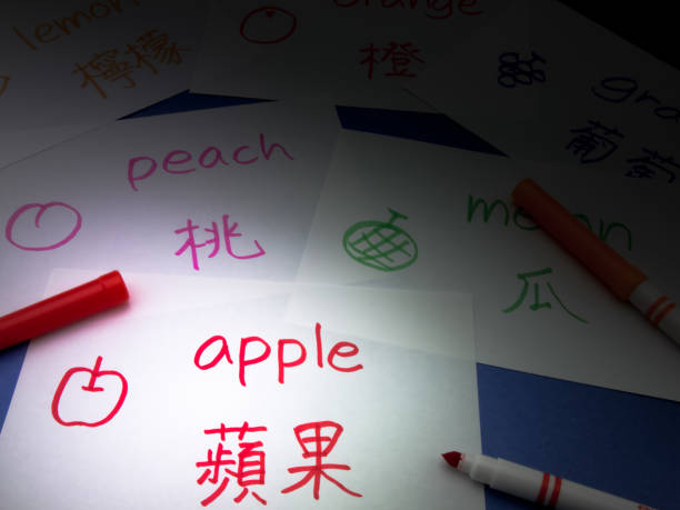 istock Making language flash cards for fundamental words; apple, lemon, peach, melon, grape and orange. 853385830