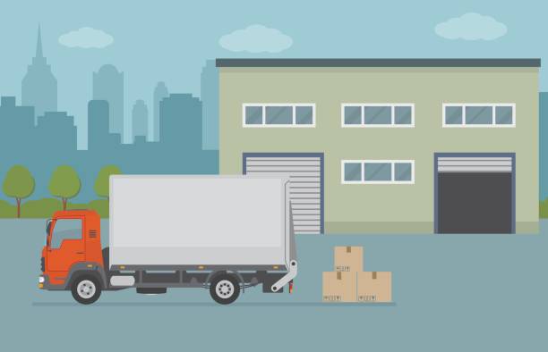 складское здание и грузовик на городском фон�е. - delivery van distribution warehouse vector shipping stock illustrations