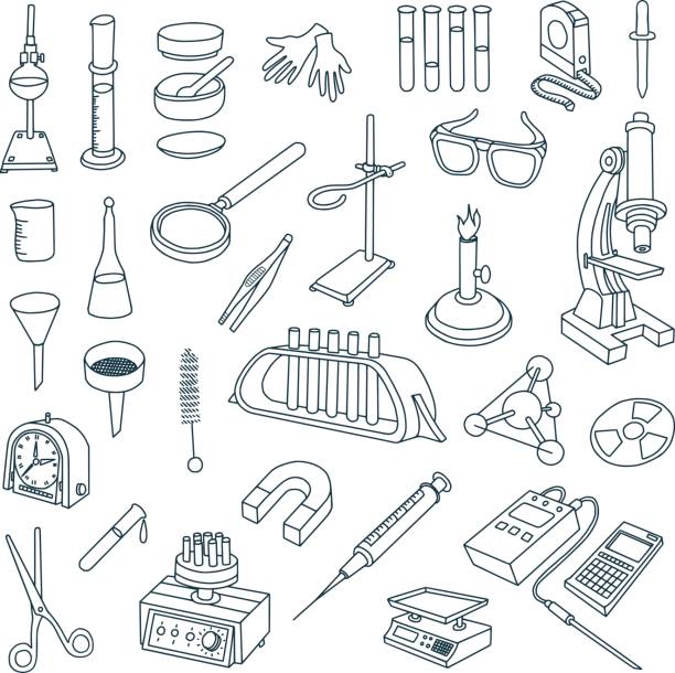 Chemical Laboratory Equipment Doodles Vector illustration of chemical topics. All objects are grouped. Laboratory equipment for chemistry. laboratory shaker stock illustrations