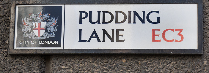 Pudding Lane Street sIGN.  This street is where the Great Fire of LOndon started in 1666.  London, 2017