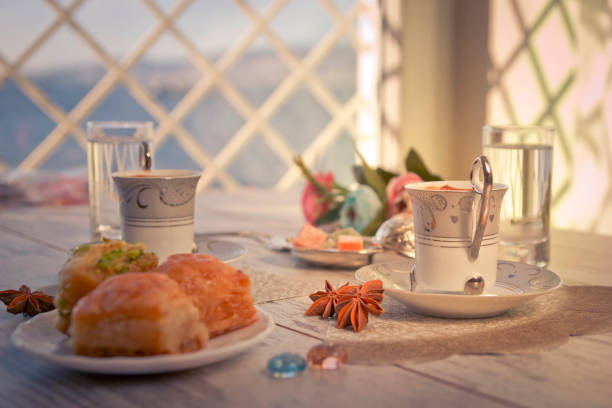 istock Two cups of Turkish coffee and baklava 853424514