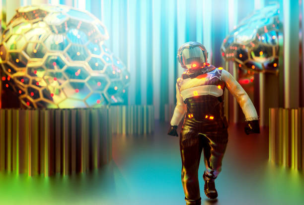 istock Futuristic astronaut walking in alien city 853442146