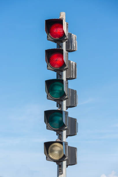 nautical traffic lights in the harbor of honfleur, france - control harbor airport tower imagens e fotografias de stock