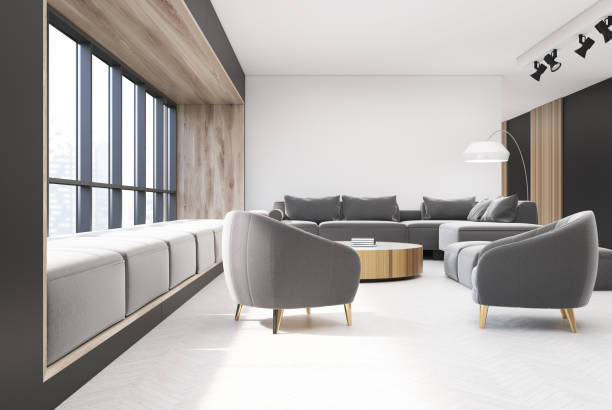 istock White and wooden living room interior, armchairs 853460202
