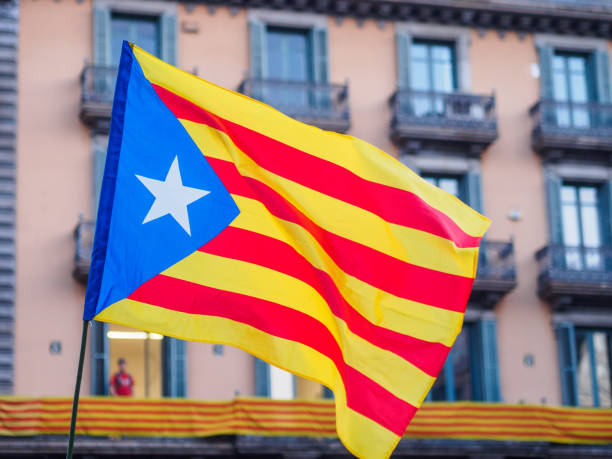 istock Catalan independence flag waving into the wind during a demonstration in the streets of Barcelona 853460978