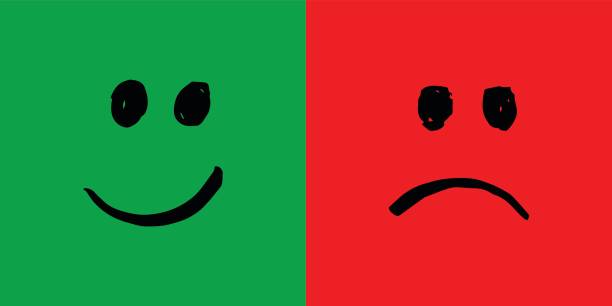 Happy and unhappy smileys Smile emoji in squares. Hand drawn brush icons emoticons. Happy and unhappy smileys. Green and red color. Vector illustration smiley face drawing stock illustrations