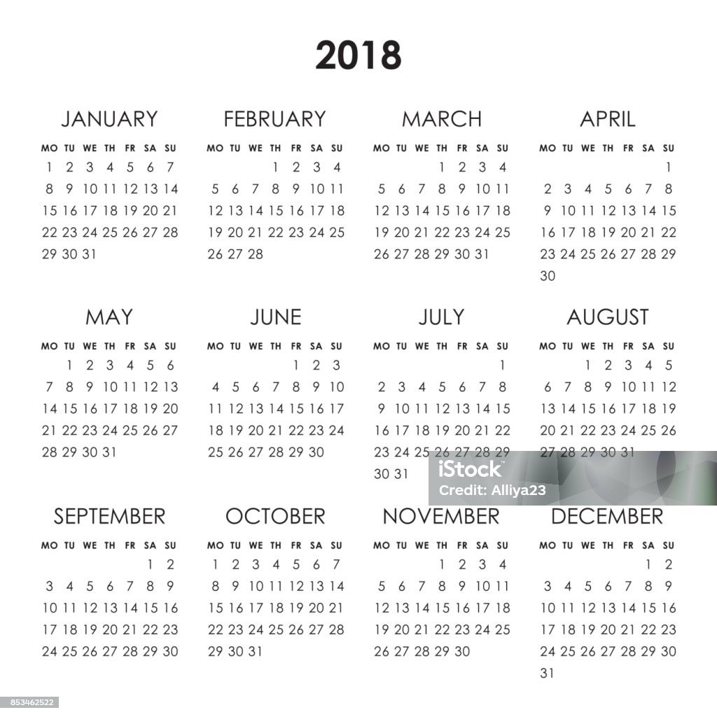 Calendar 2018 year Calendar for 2018 year isolated on a white background. Week starts monday. Vector design template Calendar stock vector