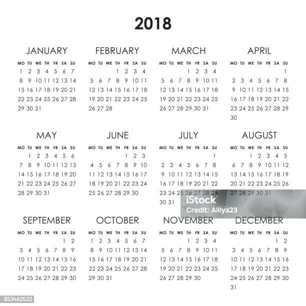 Calendar 2018 Year Stock Illustration - Download Image Now - Calendar, 12-17 Months, 12-23 Months