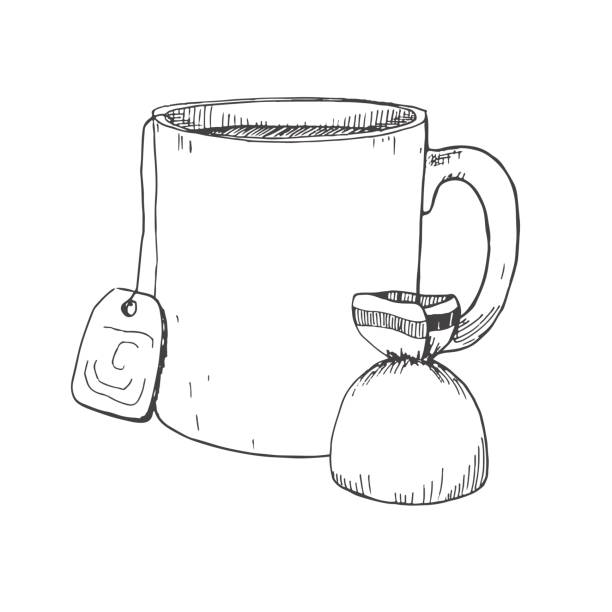 手描き下ろしマグカップとお菓子。スケッチ スタイルのベクトル図です。 - steam black coffee heat drink点のイラスト素材／クリップアート素材／マンガ素材／アイコン素材