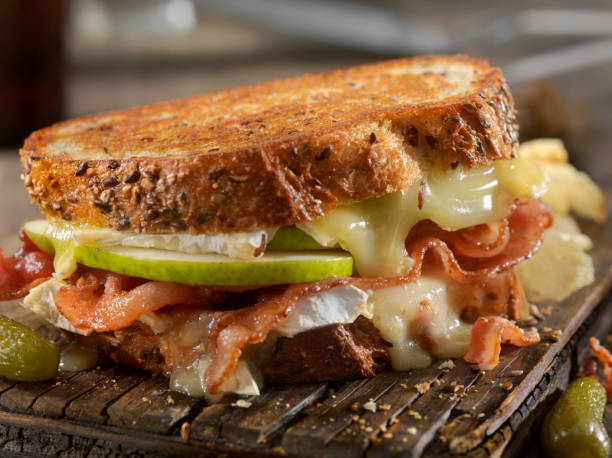 grilled cheese sandwich with bacon, brie and pear - cheese sandwich imagens e fotografias de stock