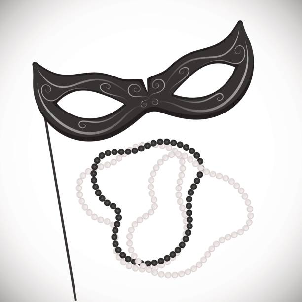 karnevalsmaske auf einem stick. schwarz / weiß perle halskette. faschingsdienstag. - pearl jewelry necklace women stock-grafiken, -clipart, -cartoons und -symbole
