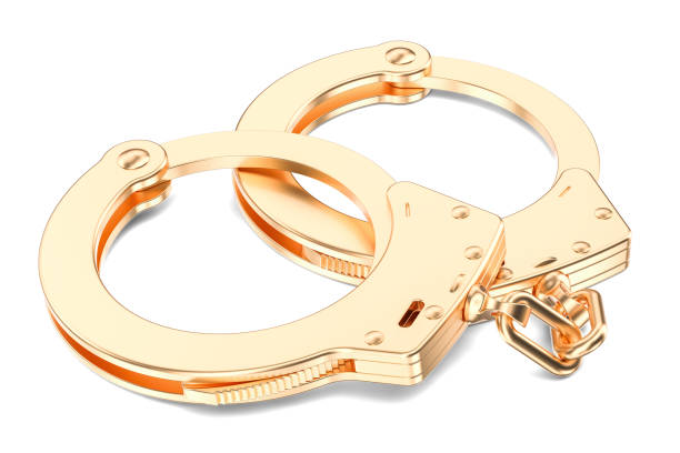 황금 수 갑 근접 촬영, 3d 렌더링에 고립 된 흰색 배경 - golden handcuffs 뉴스 사진 이미지