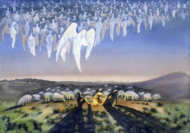 Heavenly host. The appearance of the angel to the shepherds Many angels in the sky over a flock of sheep and shepherds proclaim the Birth of Christ angel stock pictures, royalty-free photos & images