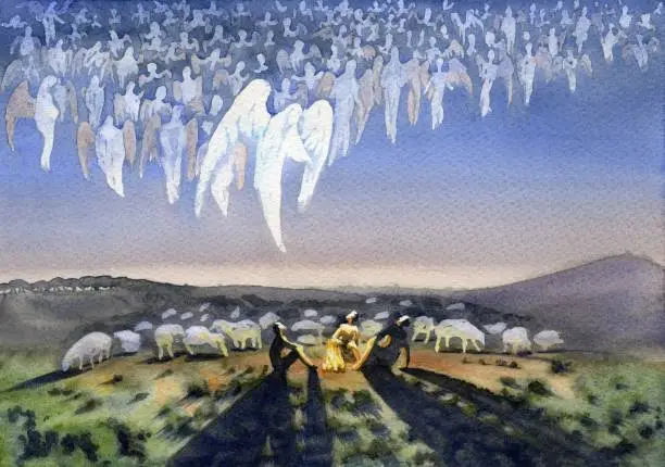Many angels in the sky over a flock of sheep and shepherds proclaim the Birth of Christ
