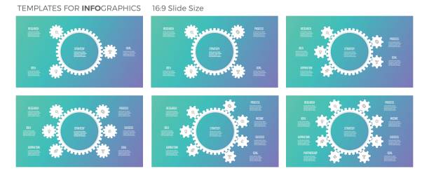 비즈니스 인포 그래픽입니다. 조직 차트 3, 4, 5, 6, 7, 8 옵션, 기어. 벡터 템플릿입니다. - gear machine part wheel four objects stock illustrations