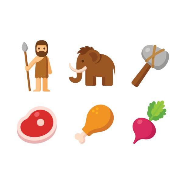Paleo icon set Paleo man and prehistoric food icon set. Caveman, hunting tools, mammoth and healthy diet with meat and vegetables. paleo stock illustrations