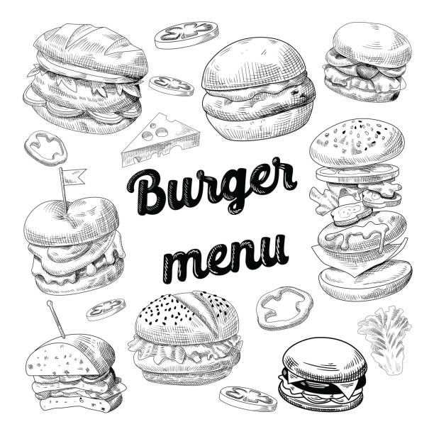 ilustrações, clipart, desenhos animados e ícones de mão-extraídas hambúrgueres. fast-food menu cheeseburger - burger sandwich hamburger eating