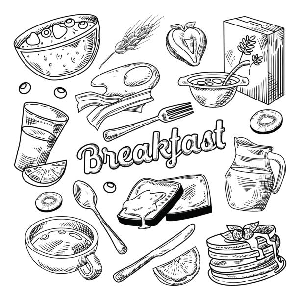 Healthy Breakfast Hand Drawn Doodle. Food Healthy Breakfast Hand Drawn Doodle. Food and Drink Sketch. Cornflakes Pancakes Juice and Fruits. Vector illustration breakfast illustrations stock illustrations