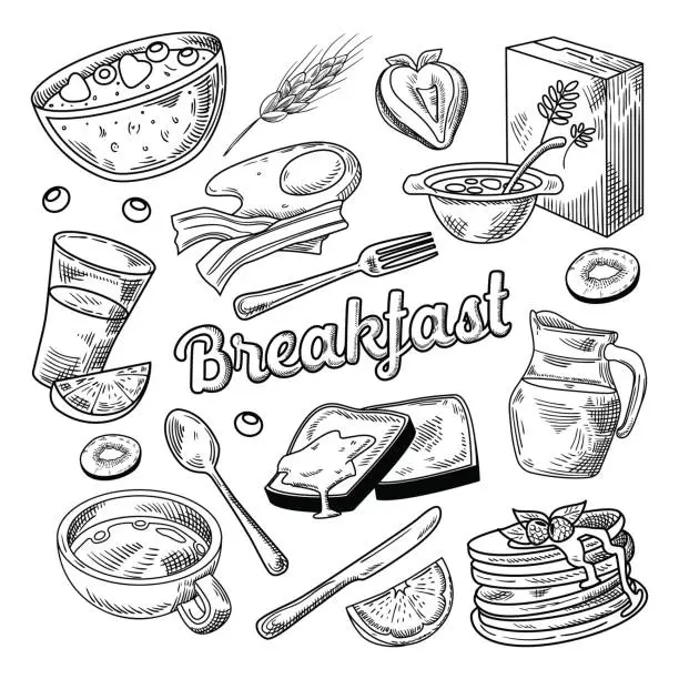 Vector illustration of Healthy Breakfast Hand Drawn Doodle. Food