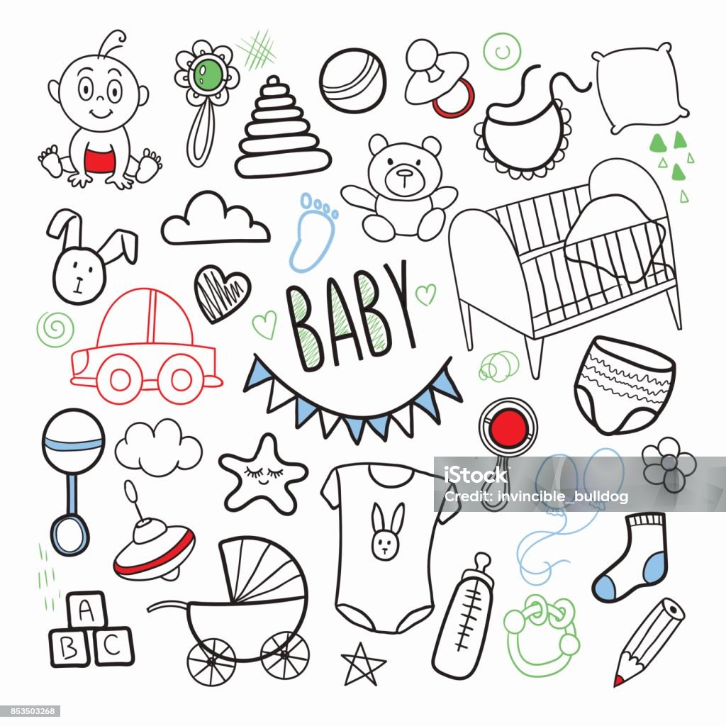 Newborn Baby Hand Drawn Doodle with Toys Newborn Baby Hand Drawn Doodle with Toys, Boy and Sketchy Elements. Baby Shower Patches. Vector illustration Baby - Human Age stock vector