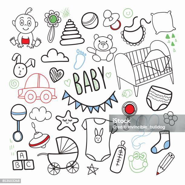 Newborn Baby Hand Drawn Doodle With Toys Stock Illustration - Download Image Now - Baby - Human Age, Doodle, Drawing - Activity