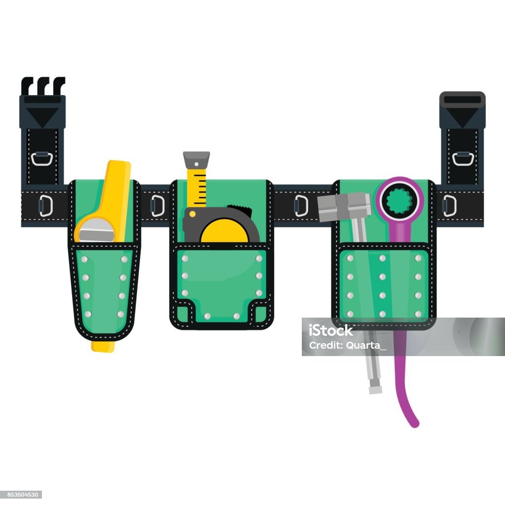 vector tools belt green Belt with tools. Conceptual image of tools for repair, construction and builder. Concept image of work wear. Cartoon flat vector illustration. Objects isolated on white background. Tool Belt stock vector