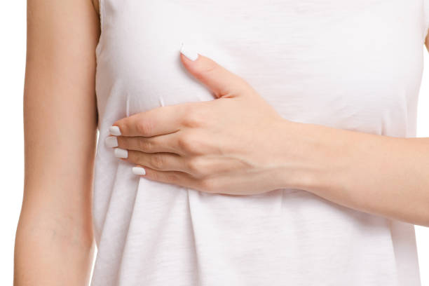 istock Female hand hurts chest 853515018