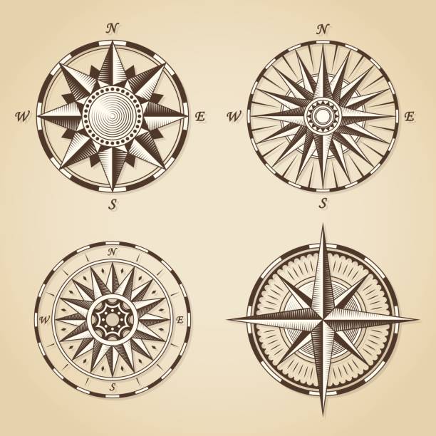 satz von vintage alt antik nautischen kompass rosen. vektor-zeichen - nautical chart drawing compass map old stock-grafiken, -clipart, -cartoons und -symbole