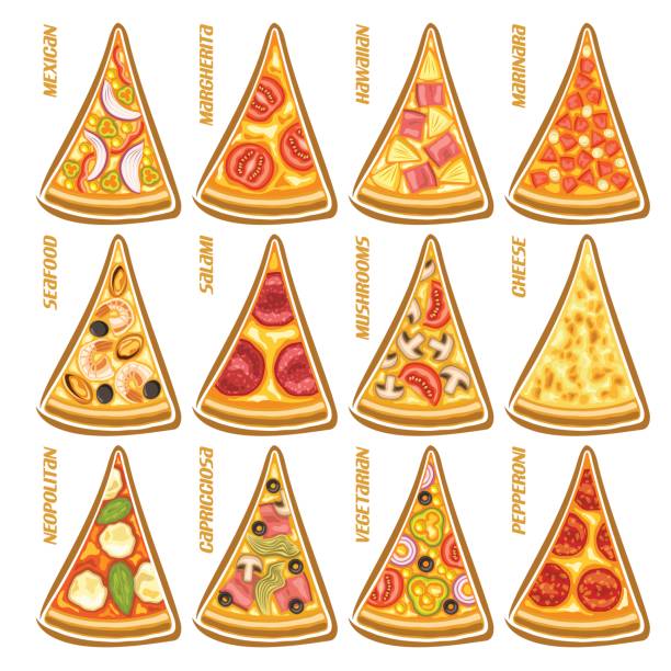 illustrazioni stock, clip art, cartoni animati e icone di tendenza di fette di set vettoriale di pizza italiana - pizza margherita
